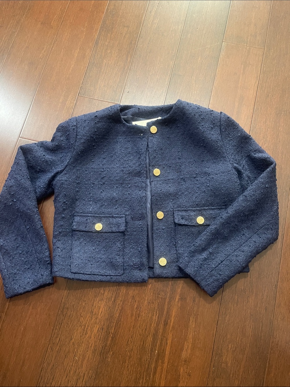 Abercrombie & Fitch Navy Textured Cropped Blazer with Gold Buttons